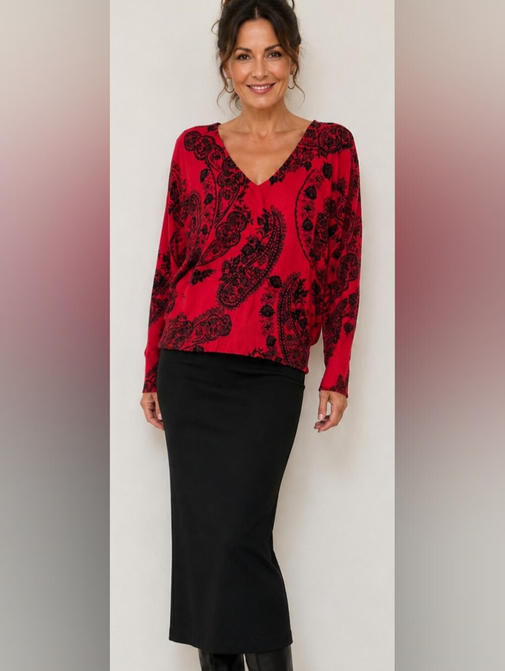 Red Black Paisley Faux Wrap Sweater Knit Long Sleeve Holiday Chic Top Career
